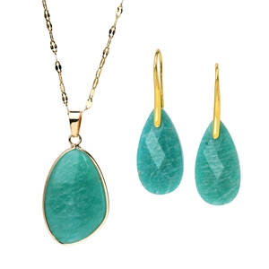 Golden jewelry set featuring a turquoise teardrop necklace and matching earrings