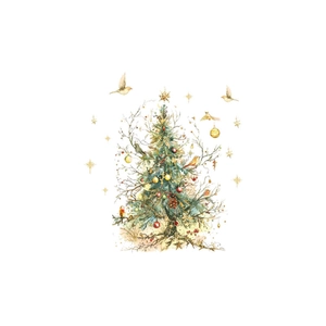 Watercolor Christmas tree wall decal with festive ornaments and birds on white background