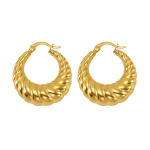 Polished 18K gold plated stainless steel croissant hoop earrings for women on white background