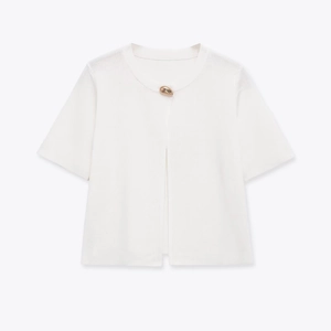 Elegant white short sleeve knit cardigan with unique gold waterdrop button detail
