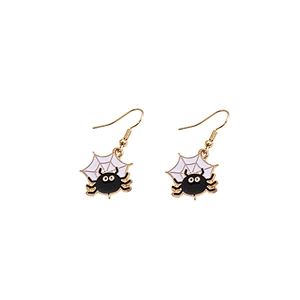 Detail of Halloween spider earrings with black enamel and white web pattern on gold frame