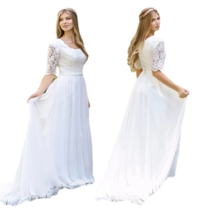 Elegant white lace wedding dress with half sleeves and V-neckline in long silhouette