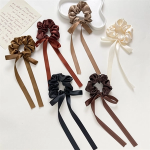 Elegant Satin Scrunchies With Long Streamers Bow Hair Ties Satin Like Ponytail Holder Earth Tone Hair Accessories For Women