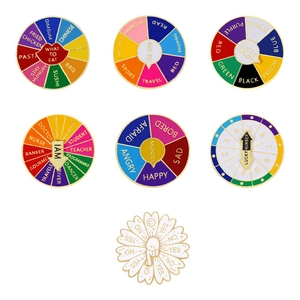 Detailed view of enamel spinner pins with rotating arrows for decision making