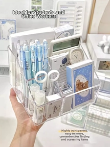 Macro shot of a five-compartment clear acrylic desk organizer with school supplies