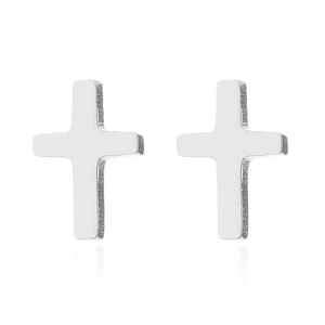 Minimalist silver stainless steel cross stud earrings shown in a clean front view