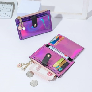 Holographic laser PU leather multi-slot wallet with zipper pocket and flower pearl charm