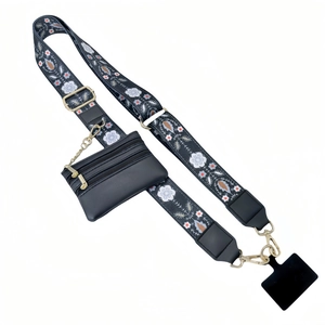 Detail showing printed woven strap with removable black PU leather coin purse and gold hardware