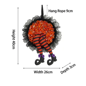 Halloween witch legs wreath with orange and black lace for festive party wall decoration