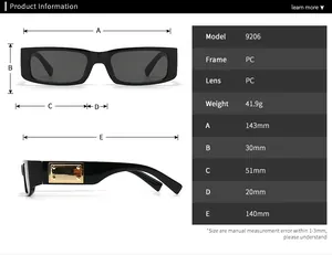 Detailed size chart for square sunglasses showing frame dimensions and technical specs
