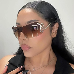 Y2K Oversized Rimless Sunglasses Metal Snake Temple UV400 Protection Wrap Around Fashion Eyewear