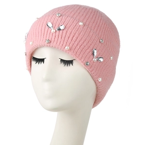 Women Knitted Beanie Hat Winter Warm Thick Acrylic With Faux Artificial Pearls And Rhinestone Butterfly Decor Elegant Beanie