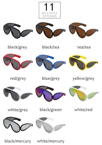 Flat lay view of oversized wrap-around sunglasses in 11 different trendy color variants