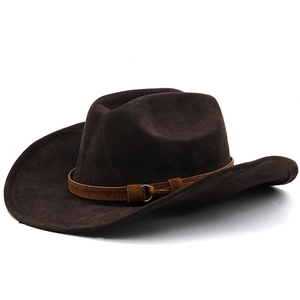 Classic dark brown suede western cowboy hat with a thin leather band and metal ring detail