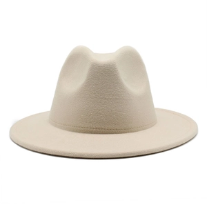 Detailed close-up showing the soft wool felt texture of this beige wide brim jazz hat