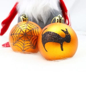 6cm Halloween orange glitter decorative balls with spider web and cat patterns for window display
