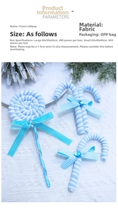 Detailed view of blue and white striped Christmas lollipop ornaments with ribbon bows