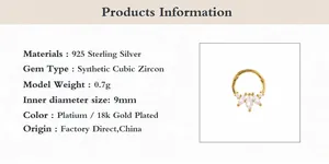 Spécifications de l'anneau de septum en argent 925 avec zircons et placage en or 18k