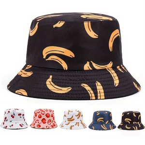 Women Summer Bucket Hat Acrylic Fruit Print Banana Strawberry UV Protection Outdoor Sunshade Hat Fashion Casual