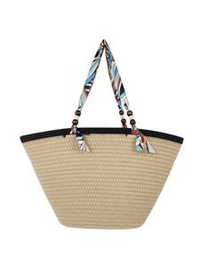 Retro straw tote bag with colorful silk scarf handle and decorative wood beads
