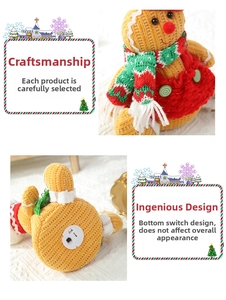 Detail of knitted gingerbread man decoration showing bottom battery compartment and switch