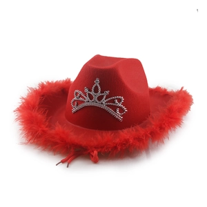 Close-up of a pink cowboy hat featuring a rhinestone crown and feathery brim