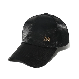 Black satin baseball cap with metallic shimmer finish and gold M letter decoration