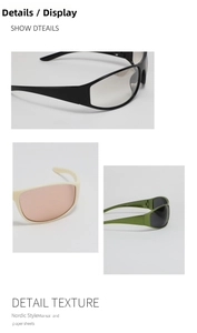 Detail view of Y2K cycling sunglasses in black, cream, and olive green frames