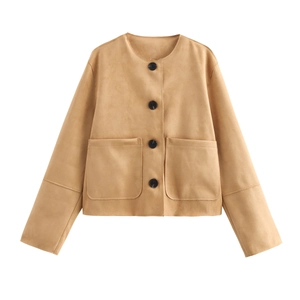 Women's faux suede collarless jacket in khaki with black buttons and patch pockets