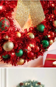 Close-up of 45cm Christmas wreaths with LED lights, golden bows, and pine cones