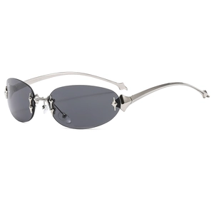 Y2K rimless oval sunglasses with silver star accents and dark grey lenses for women