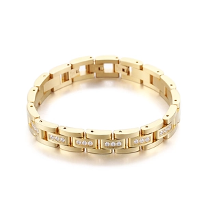 Golden stainless steel watch-link chain bracelet with white cubic zirconia for hip-hop style