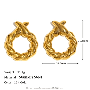 Braided 18K gold plated stainless steel hoop earrings with size measurements on white background
