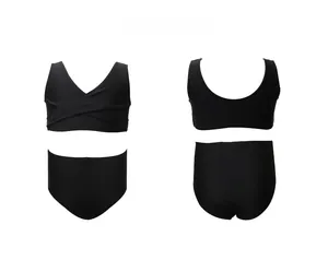 Front and back view of girls' black two-piece v-neck bikini set with high-waist bottom