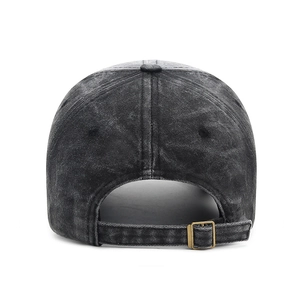 Washed black baseball cap with vintage metal buckle adjustment and embroidered letters