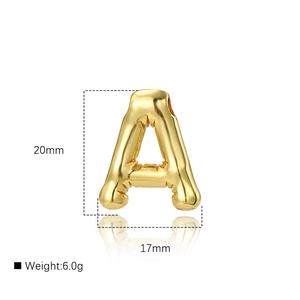 Macro shot of 18K gold plated balloon-style letter A pendant showing 20mm x 17mm dimensions