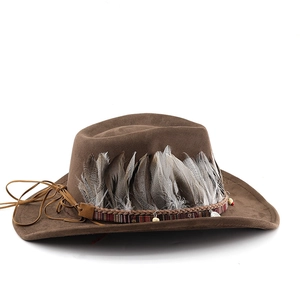 Détail d'un chapeau de cowboy marron en daim avec plumes et bandeau ethnique