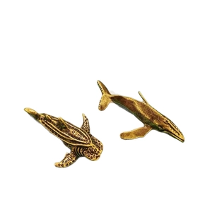 Vintage bronze whale shark and humpback whale miniature alloy sculptures set for decor