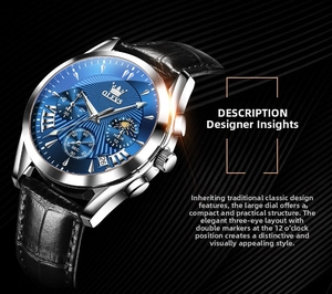 Detail view of OLEVS quartz watch crown and pushers with a blue sunray textured dial