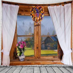 Window view wall tapestry featuring pink roses and scenic forest landscape for room decor