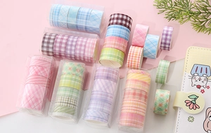 Detailed view of colorful grid pattern washi tape set for DIY journaling and scrapbooking