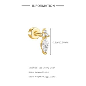 Detail view of 925 sterling silver gold stud with AAAAA zirconia and size specifications