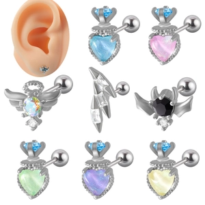 Stainless Steel Zirconia Stud Earrings For Women Sweet Heart Wing Bat Shaped Cartilage Piercing Jewelry Minimalist Gift