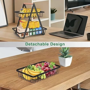 Black 2-tier metal fruit basket with wooden handle and detachable stackable design