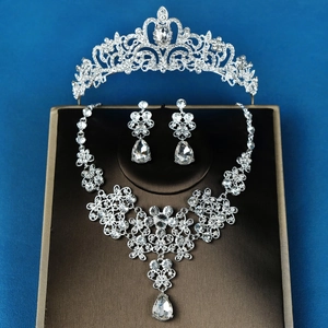 Vintage Luxurious Bridal Jewelry Crown Necklace Earrings Silver Plated Alloy Rhinestone Teardrop Wedding Party Prom Women