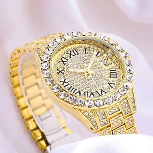 Montre à quartz luxe dorée pour femme avec diamants et chiffres romains classiques