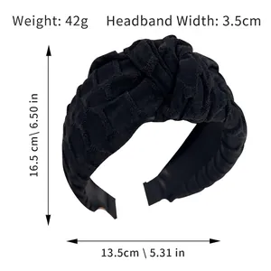 Solid black wide knotted headband with textured grid fabric and 3.5cm width for women