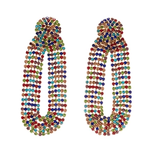 Luxe geometric drop earrings with vibrant colorful rhinestones and silver needle posts