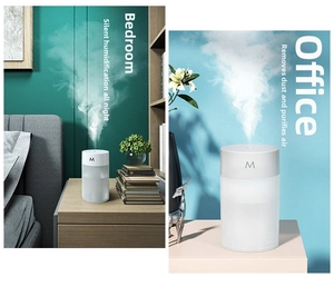 Dual scene display of silent white USB humidifier misting in bedroom and office settings