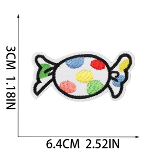 Detailed view of candy embroidery patch with dimensions showing 6.4cm x 3cm size